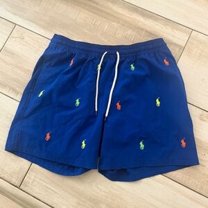 Ralph Lauren Men's Blue Swim Trunks with Multicolor Embroidery